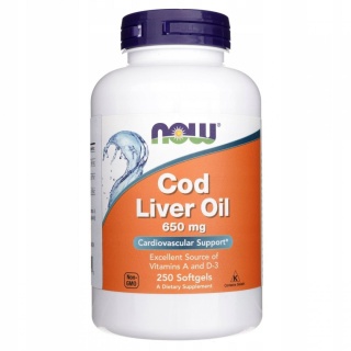 Olej z Wątroby Dorsza 650 mg, Cod Liver Oil, NOW Foods, 250 kapsułek