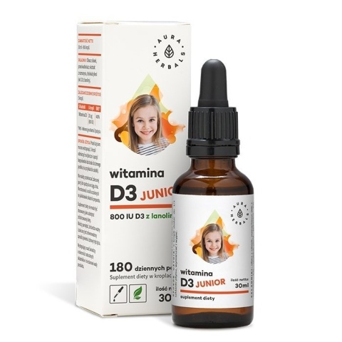 Witamina D3 Junior 800IU dla Dzieci, Krople, Aura Herbals, 30ml