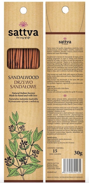 Kadzidełka Naturalne Drzewo Sandałowe Sattva Incense, 30g