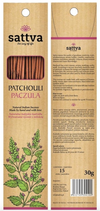 Kadzidełka Naturalne Patchouli, Paczula Sattva Incense, 30g