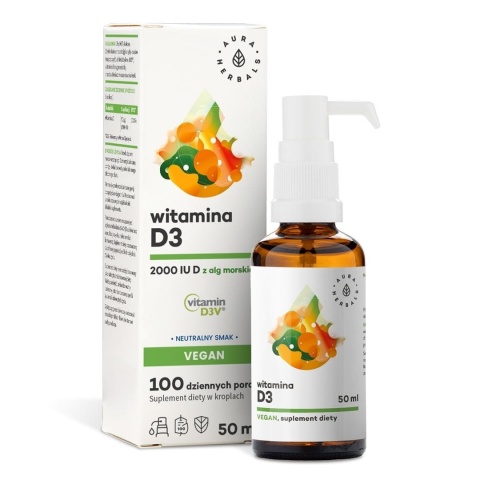 Witamina D3 2000 IU Vegan, Krople, Aura Herbals, 50ml