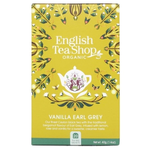 Ekologiczna herbata czarna ze skórką z cytryny, wanilią i płatkami róży, Vanilla Earl Grey, saszetki, 20 x 2g, English Tea Shop