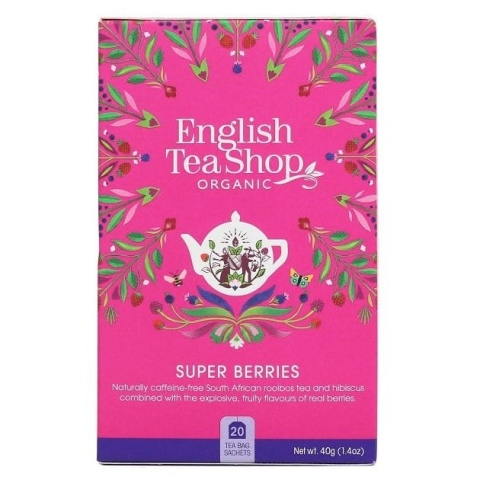 Ekologiczna herbatka ziołowa z hibiskusa z truskawkami, borówkami i malinami, Super Berries, 20 x 2g, English Tea Shop